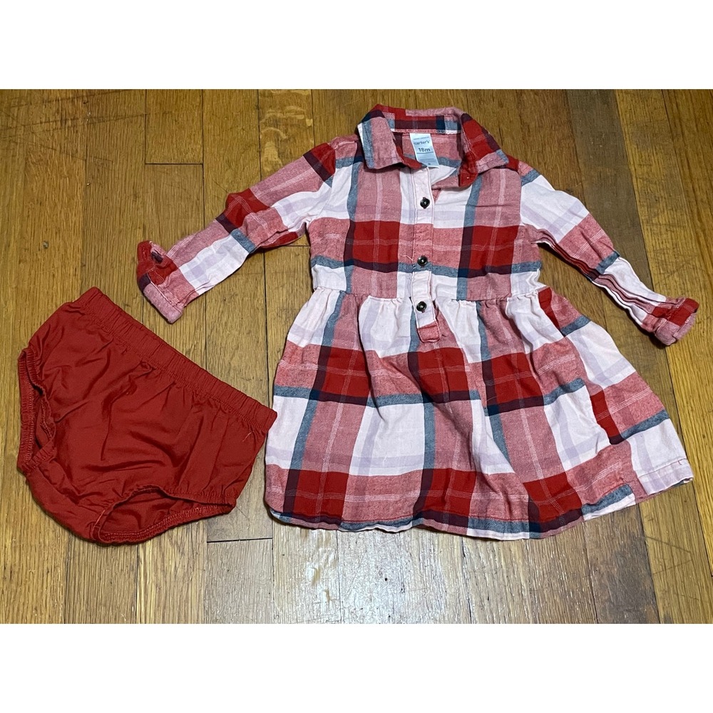Carters Baby Girl 18M Red Plaid Flannel Shirt Dress and Diaper Cover Set